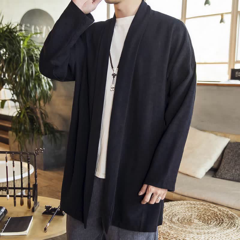 Buddha Stones Kimono da uomo a maniche lunghe, casual, minimalista, tinta unita, per autunno/inverno. - Nero - US/UK/AU42, EU52 (3XL) - image 10