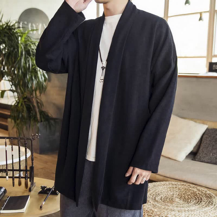 Buddha Stones Kimono da uomo a maniche lunghe, casual, minimalista, tinta unita, per autunno/inverno. - Nero - US/UK/AU42, EU52 (3XL) - image 10