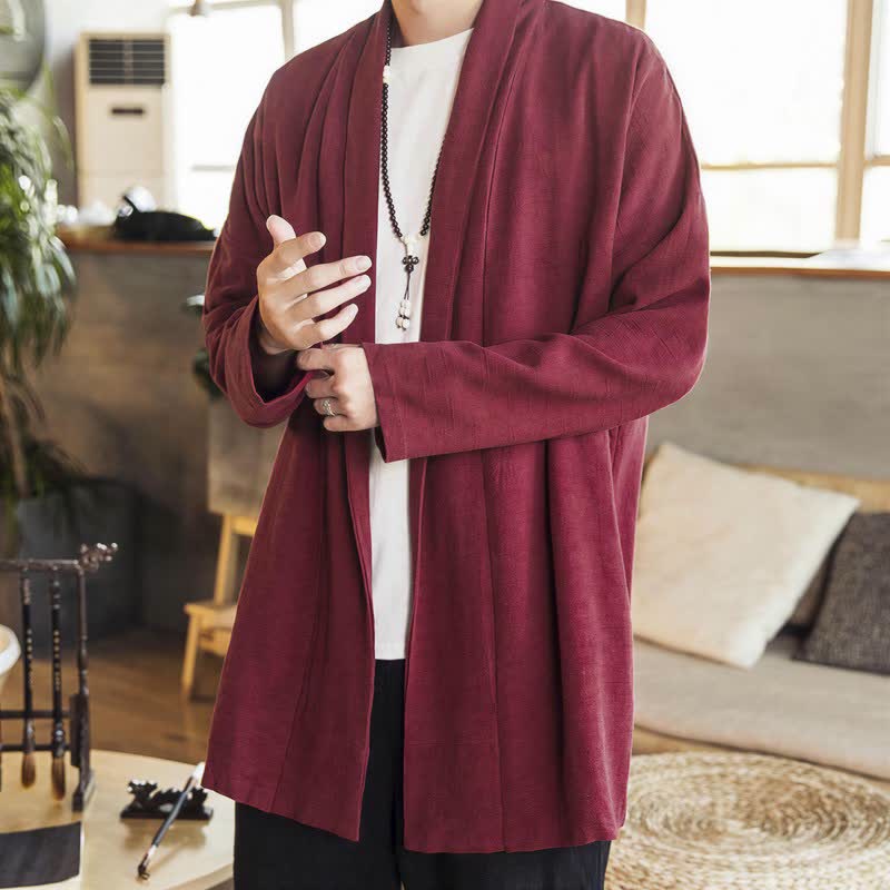 Buddha Stones Kimono da uomo a maniche lunghe, casual, minimalista, tinta unita, per autunno/inverno. - image 9
