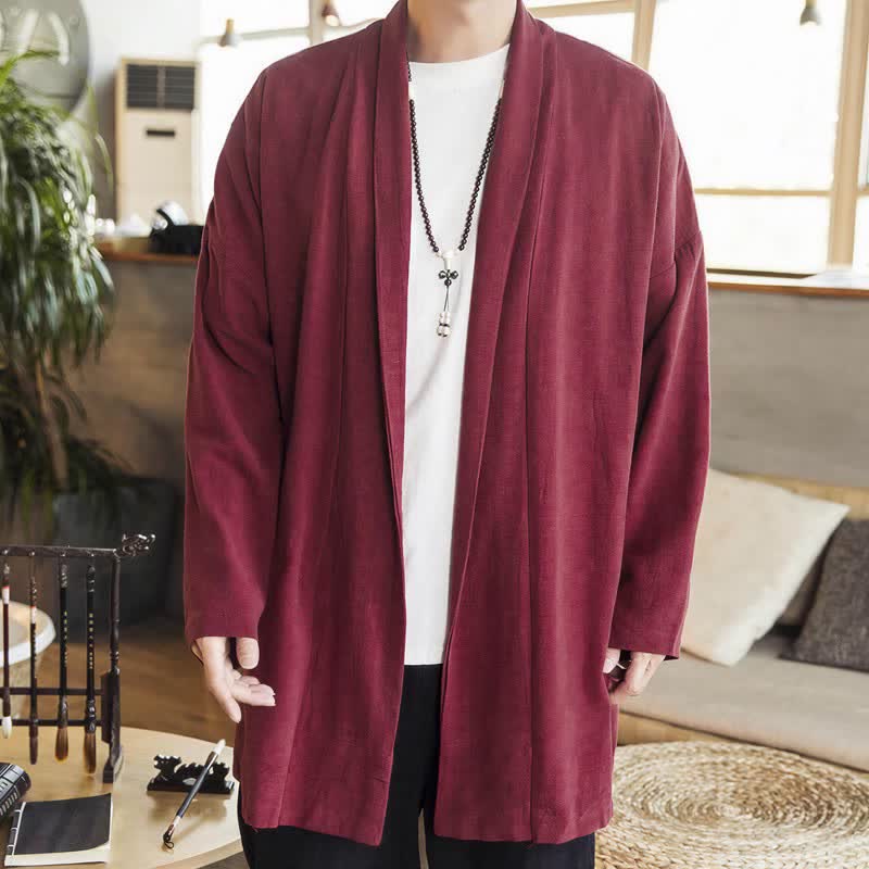 Buddha Stones Kimono da uomo a maniche lunghe, casual, minimalista, tinta unita, per autunno/inverno. - Marrone - US/UK/AU42, EU52 (3XL) - image 5