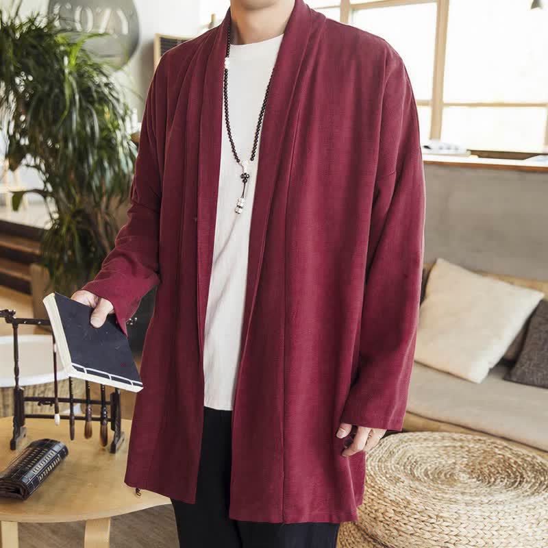 Buddha Stones Kimono da uomo a maniche lunghe, casual, minimalista, tinta unita, per autunno/inverno. - image 6