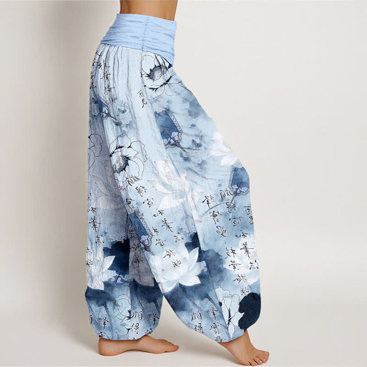 Buddha Stones Pantaloni harem da donna in puro cotone con stampa di fiori di loto e calligrafia, con elastico in vita. - image 7