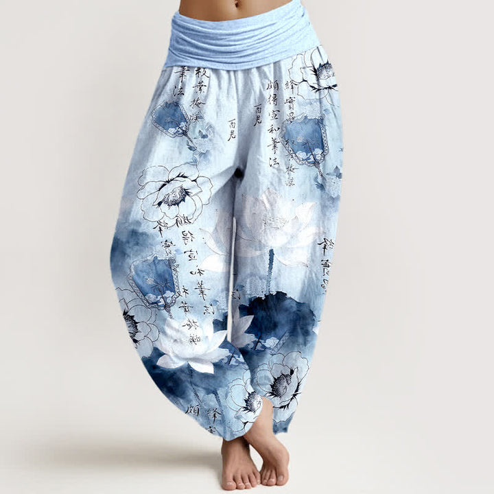 Buddha Stones Pantaloni harem da donna in puro cotone con stampa di fiori di loto e calligrafia, con elastico in vita. - Azzurro cielo chiaro - US16, UK/AU20, EU48 (3XL) - image 5