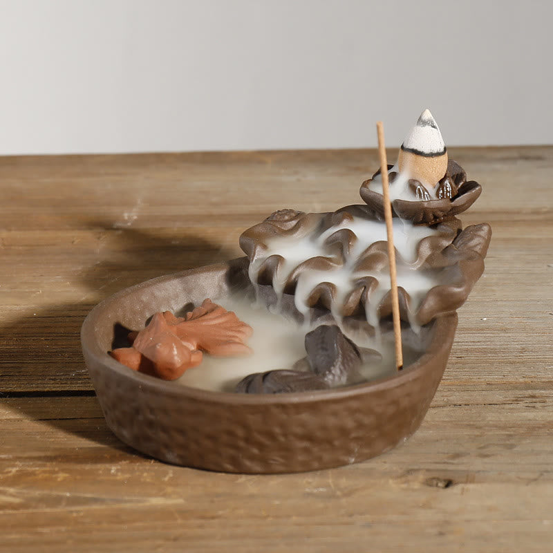 Buddha Stones Bruciatore di incenso a riflusso con pesci koi in argilla viola, loto e pace - image 2