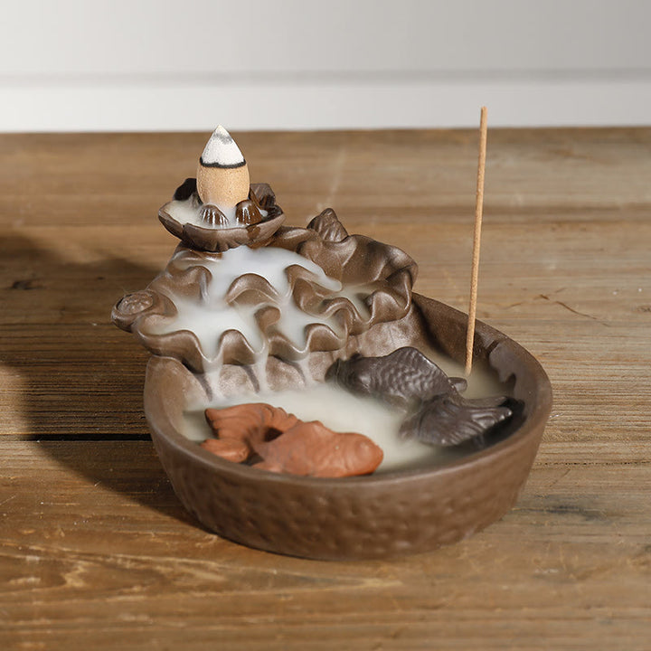Buddha Stones Bruciatore di incenso a riflusso con pesci koi in argilla viola, loto e pace - Argilla viola (Calma ♥ Guarigione) - image 0