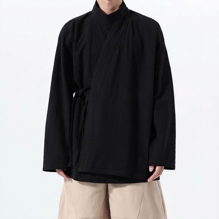 Buddha Stones Kimono da uomo a maniche lunghe, stile Tang, con colletto alla coreana, tinta unita, per autunno/inverno. - Nero - US/UK/AU46, EU56 (5XL) - image 8