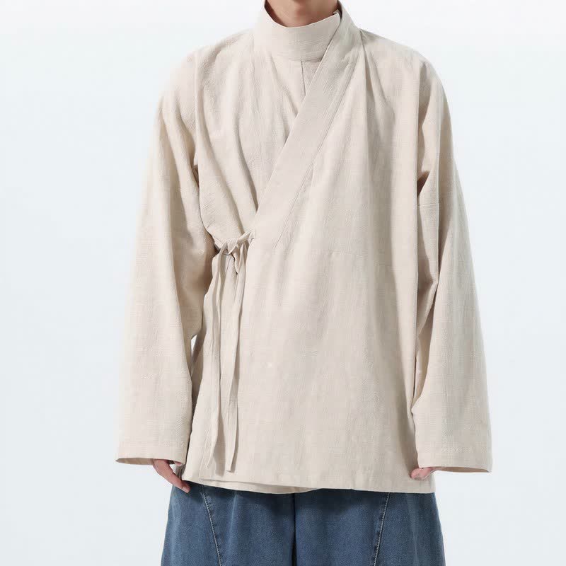 Buddha Stones Kimono da uomo a maniche lunghe, stile Tang, con colletto alla coreana, tinta unita, per autunno/inverno. - Beige - US/UK/AU46, EU56 (5XL) - image 13