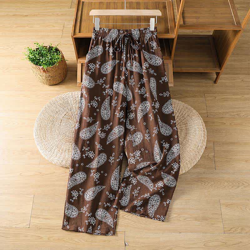 Buddha Stones Pantaloni casual bohémien con coulisse e stampa paisley, modello alla caviglia, per primavera/estate, da donna, a gamba dritta con tasca. - Marrone sella - US8-10, UK/AU12-14, EU40-42 (2XL) - image 0