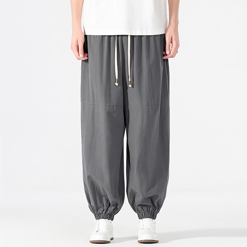 Buddha Stones Pantaloni harem da uomo in cotone e lino, casual, minimalisti, con coulisse, per primavera/estate, con tasca. - Grigio tenue - US/UK/AU54, EU64 (9XL) - image 11