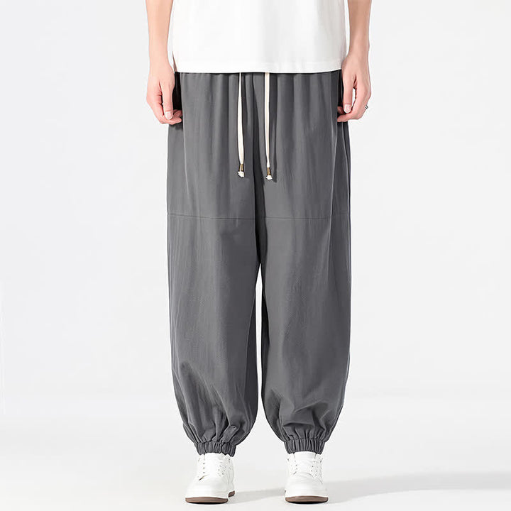 Buddha Stones Pantaloni harem da uomo in cotone e lino, casual, minimalisti, con coulisse, per primavera/estate, con tasca. - Grigio tenue - US/UK/AU54, EU64 (9XL) - image 11