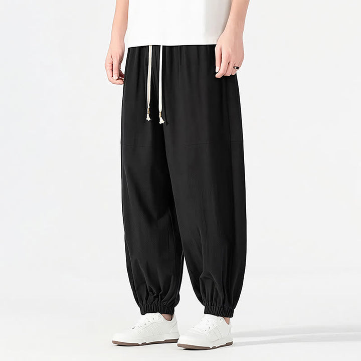 Buddha Stones Pantaloni harem da uomo in cotone e lino, casual, minimalisti, con coulisse, per primavera/estate, con tasca. - Nero - US/UK/AU54, EU64 (9XL) - image 5