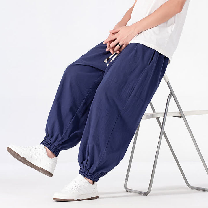 Buddha Stones Pantaloni harem da uomo in cotone e lino, casual, minimalisti, con coulisse, per primavera/estate, con tasca. - image 4