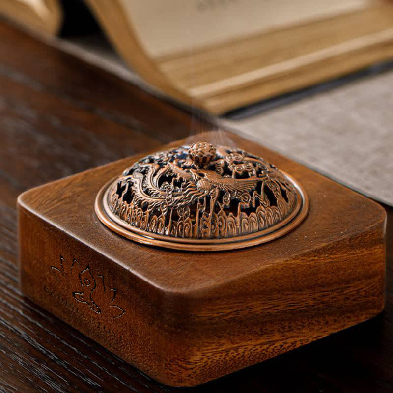 Buddha Stones Bruciatori di incenso quadrati con drago e fenice in legno di pesco per la protezione. - image 4