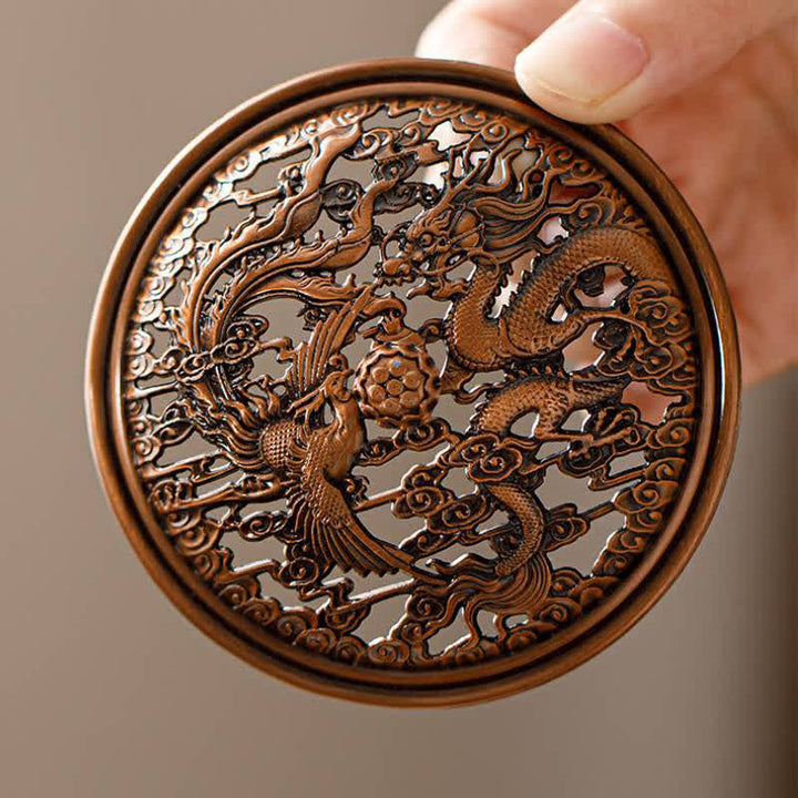 Buddha Stones Bruciatori di incenso quadrati con drago e fenice in legno di pesco per la protezione. - image 12