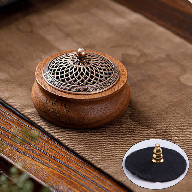 Buddha Stones Bruciatore di incenso rotondo a forma di borsa con drago e fenice in legno di pesco portafortuna. - A forma di barattolo - Lotus Design - image 3