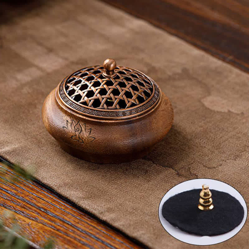 Buddha Stones Bruciatore di incenso rotondo a forma di borsa con drago e fenice in legno di pesco portafortuna. - A forma di ciotola - Design intrecciato - image 7