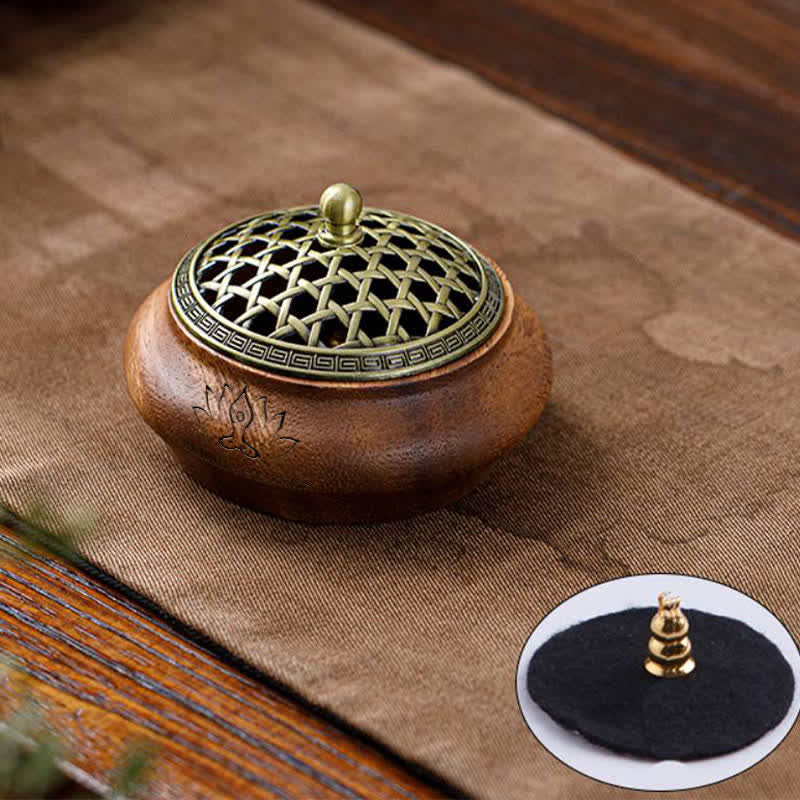Buddha Stones Bruciatore di incenso rotondo a forma di borsa con drago e fenice in legno di pesco portafortuna. - A forma di ciotola - Design intrecciato verde - image 8