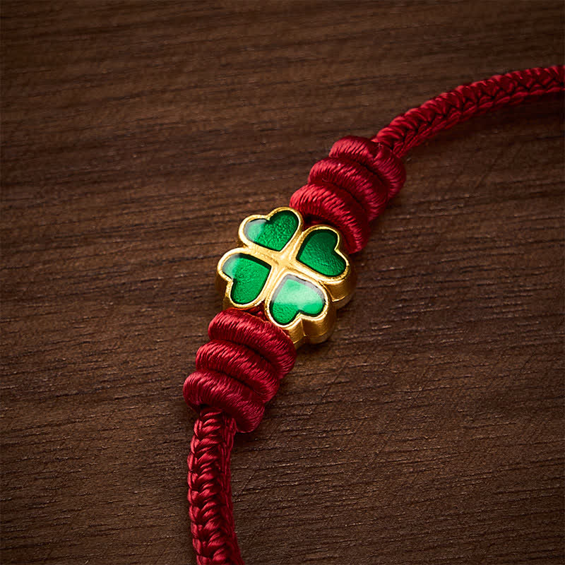 Buddha Stones Braccialetto portafortuna a forma di cuore con corda rossa intrecciata a mano e quadrifoglio verde. - image 13