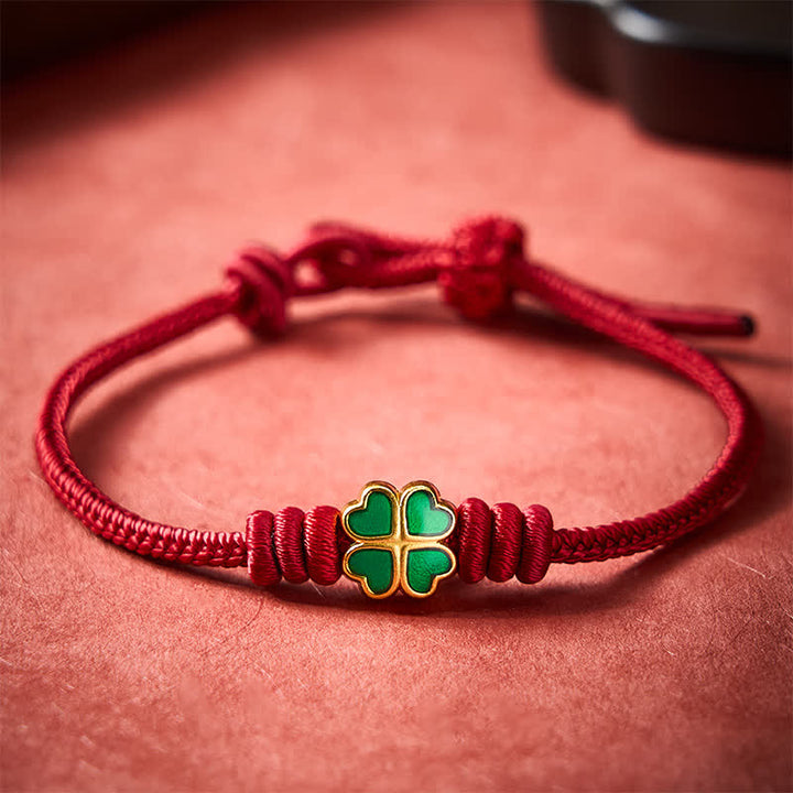 Buddha Stones Braccialetto portafortuna a forma di cuore con corda rossa intrecciata a mano e quadrifoglio verde. - image 11