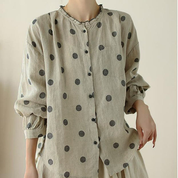 Buddha Stones Camicia da donna a maniche lunghe con bottoni, fantasia a pois, stile vintage, per primavera/autunno, casual e con taschino. - image 5