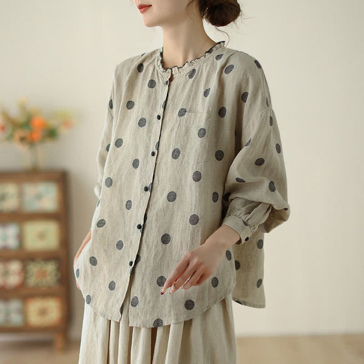 Buddha Stones Camicia da donna a maniche lunghe con bottoni, fantasia a pois, stile vintage, per primavera/autunno, casual e con taschino. - image 3