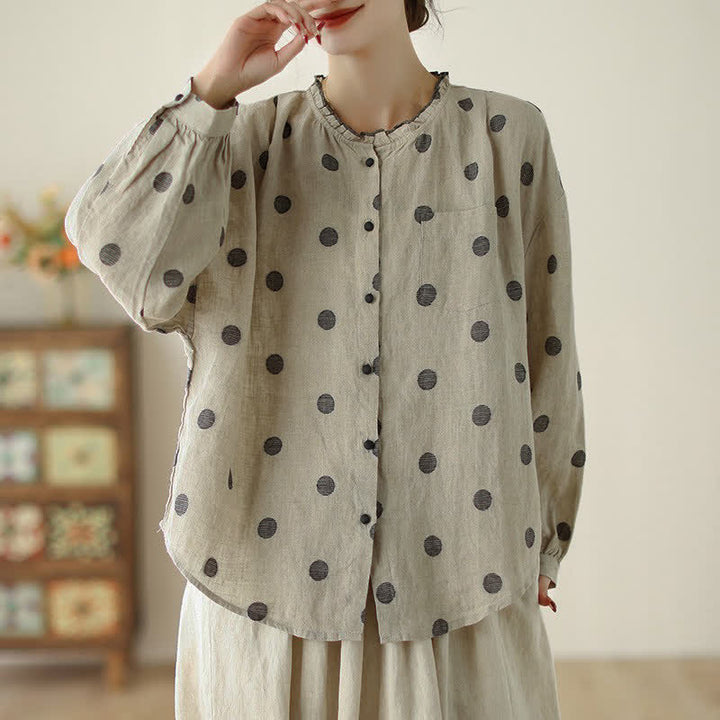 Buddha Stones Camicia da donna a maniche lunghe con bottoni, fantasia a pois, stile vintage, per primavera/autunno, casual e con taschino. - image 2