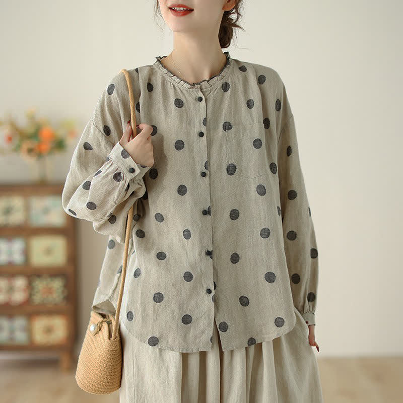 Buddha Stones Camicia da donna a maniche lunghe con bottoni, fantasia a pois, stile vintage, per primavera/autunno, casual e con taschino. - Beige - US8-10, UK/AU12-14, EU40-42 (2XL) - image 0