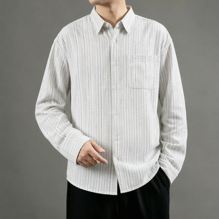 Buddha Stones Camicia da uomo a maniche lunghe in cotone a righe, stile vintage, con bottoni e taschino applicato, perfetta per l'autunno. - image 13