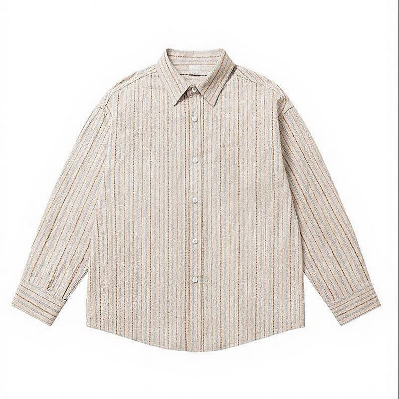 Buddha Stones Camicia da uomo a maniche lunghe in cotone a righe, stile vintage, con bottoni e taschino applicato, perfetta per l'autunno. - image 10