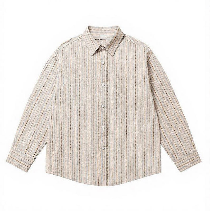 Buddha Stones Camicia da uomo a maniche lunghe in cotone a righe, stile vintage, con bottoni e taschino applicato, perfetta per l'autunno. - image 10