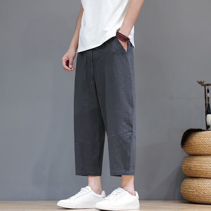 Buddha Stones Pantaloni capri da uomo in cotone e lino, casual, minimalisti, con coulisse, per primavera/estate, modello harem con tasca. - image 6