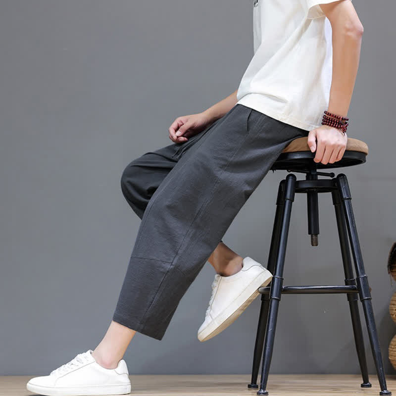 Buddha Stones Pantaloni capri da uomo in cotone e lino, casual, minimalisti, con coulisse, per primavera/estate, modello harem con tasca. - image 7