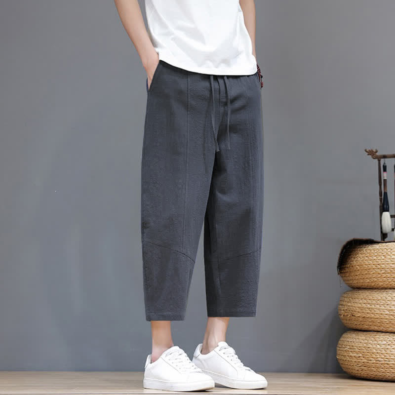 Buddha Stones Pantaloni capri da uomo in cotone e lino, casual, minimalisti, con coulisse, per primavera/estate, modello harem con tasca. - image 5