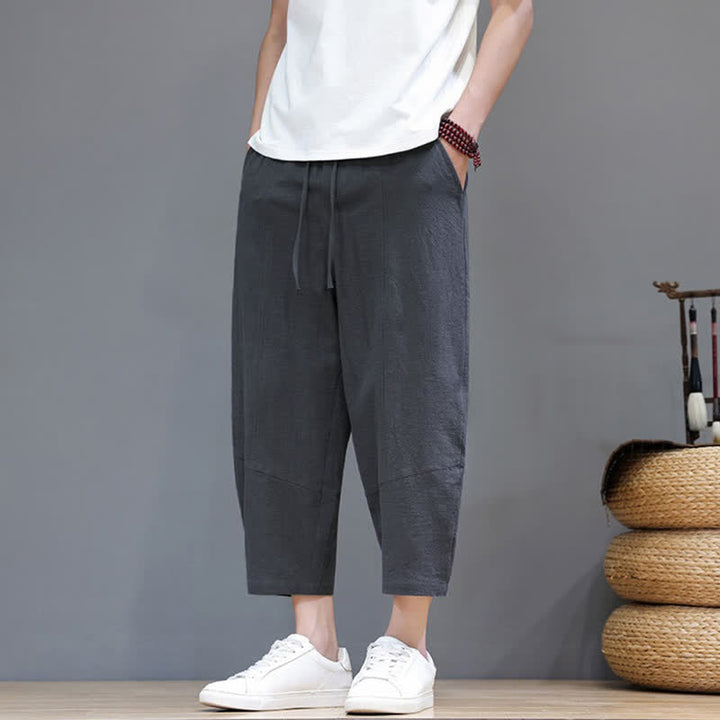 Buddha Stones Pantaloni capri da uomo in cotone e lino, casual, minimalisti, con coulisse, per primavera/estate, modello harem con tasca. - image 2