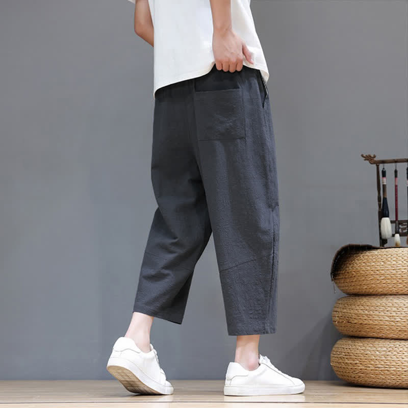 Buddha Stones Pantaloni capri da uomo in cotone e lino, casual, minimalisti, con coulisse, per primavera/estate, modello harem con tasca. - image 4
