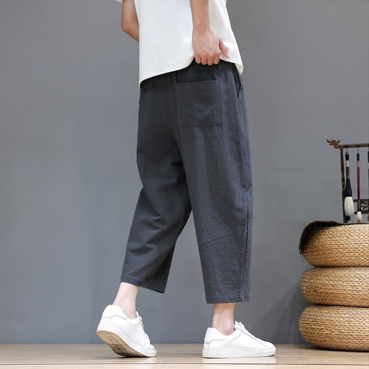 Buddha Stones Pantaloni capri da uomo in cotone e lino, casual, minimalisti, con coulisse, per primavera/estate, modello harem con tasca. - image 4