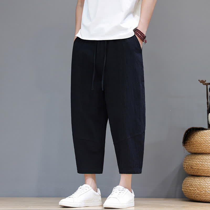 Buddha Stones Pantaloni capri da uomo in cotone e lino, casual, minimalisti, con coulisse, per primavera/estate, modello harem con tasca. - image 10