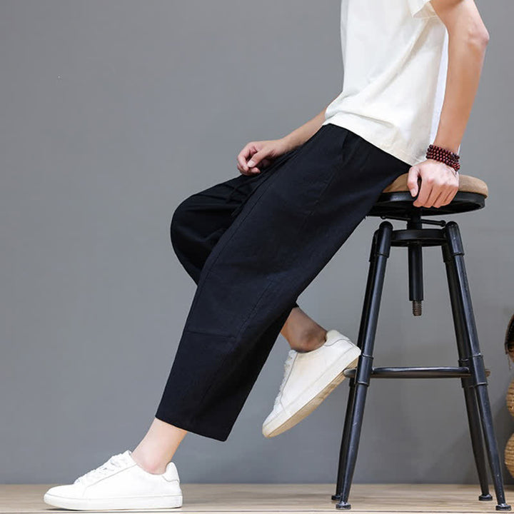 Buddha Stones Pantaloni capri da uomo in cotone e lino, casual, minimalisti, con coulisse, per primavera/estate, modello harem con tasca. - image 15