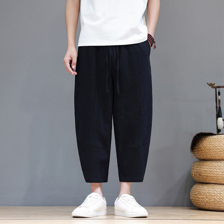 Buddha Stones Pantaloni capri da uomo in cotone e lino, casual, minimalisti, con coulisse, per primavera/estate, modello harem con tasca. - Nero - US/UK/AU46, EU56 (5XL) - image 8