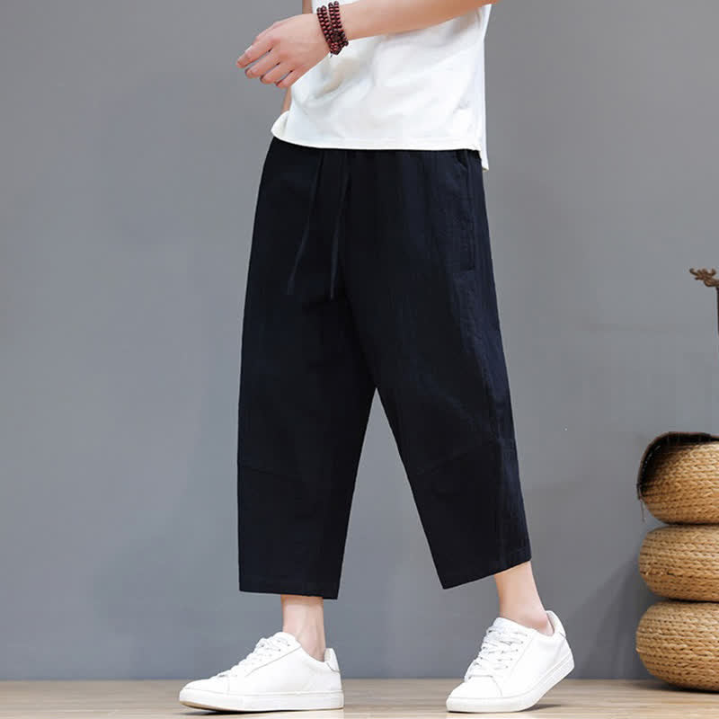 Buddha Stones Pantaloni capri da uomo in cotone e lino, casual, minimalisti, con coulisse, per primavera/estate, modello harem con tasca. - image 14