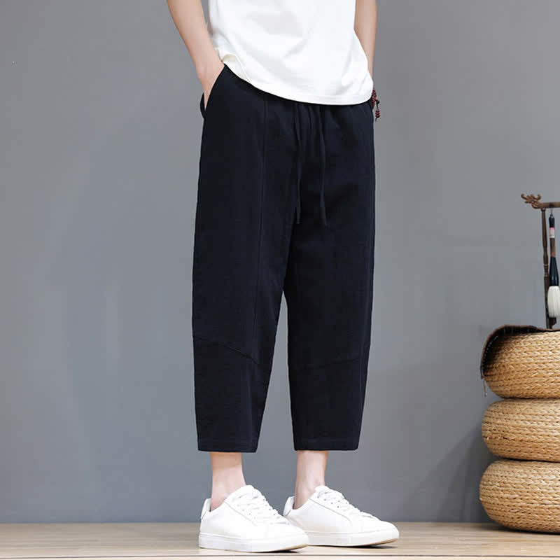 Buddha Stones Pantaloni capri da uomo in cotone e lino, casual, minimalisti, con coulisse, per primavera/estate, modello harem con tasca. - image 9