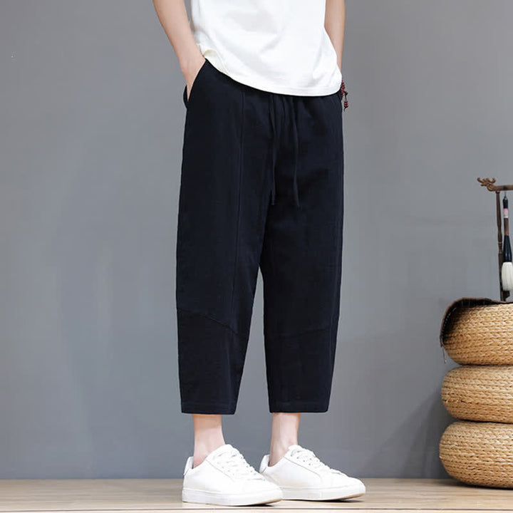 Buddha Stones Pantaloni capri da uomo in cotone e lino, casual, minimalisti, con coulisse, per primavera/estate, modello harem con tasca. - image 9