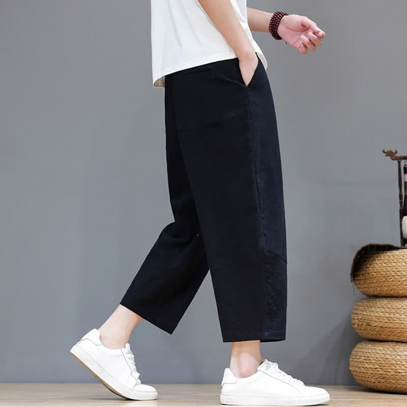 Buddha Stones Pantaloni capri da uomo in cotone e lino, casual, minimalisti, con coulisse, per primavera/estate, modello harem con tasca. - image 11