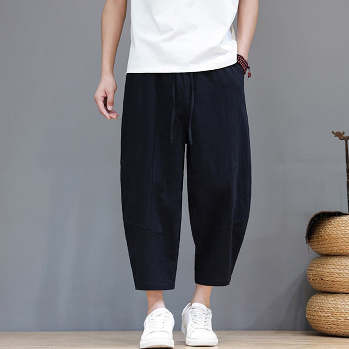 Buddha Stones Pantaloni capri da uomo in cotone e lino, casual, minimalisti, con coulisse, per primavera/estate, modello harem con tasca. - image 13