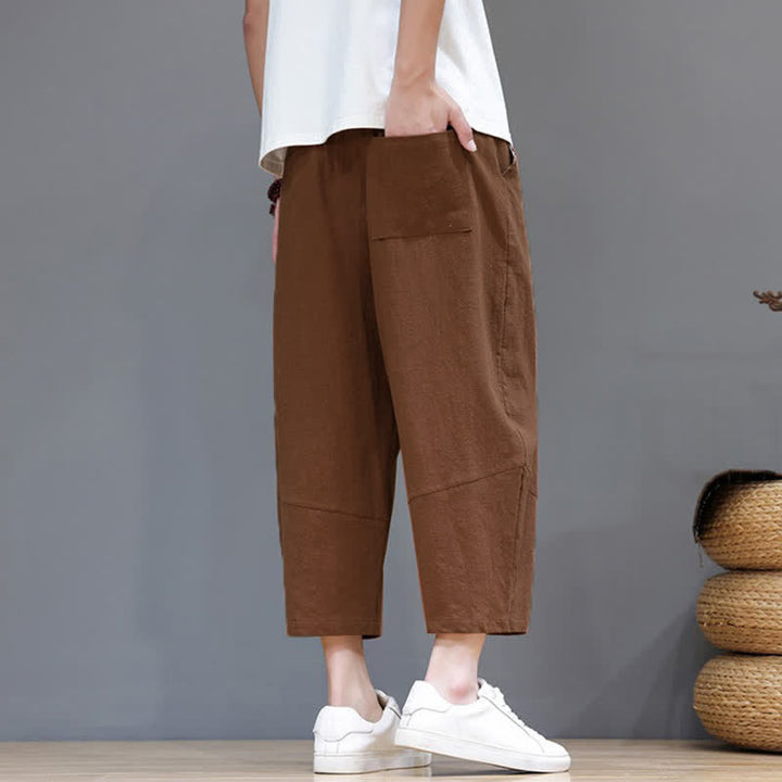 Buddha Stones Pantaloni capri da uomo in cotone e lino, casual, minimalisti, con coulisse, per primavera/estate, modello harem con tasca. - image 19