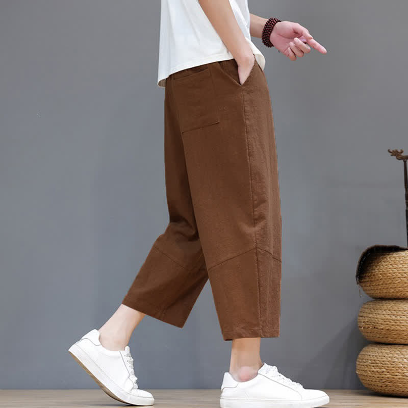 Buddha Stones Pantaloni capri da uomo in cotone e lino, casual, minimalisti, con coulisse, per primavera/estate, modello harem con tasca. - image 20