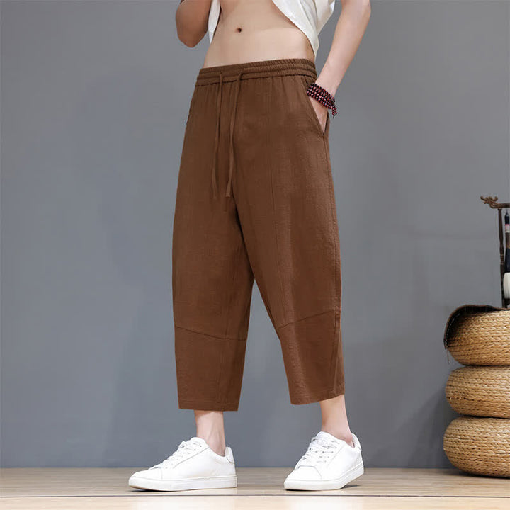 Buddha Stones Pantaloni capri da uomo in cotone e lino, casual, minimalisti, con coulisse, per primavera/estate, modello harem con tasca. - image 23