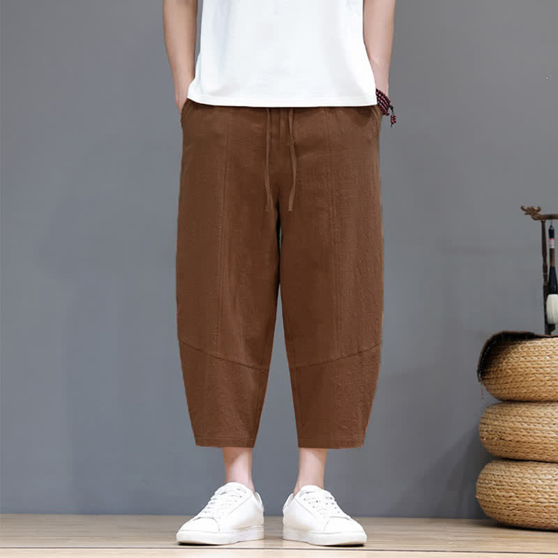 Buddha Stones Pantaloni capri da uomo in cotone e lino, casual, minimalisti, con coulisse, per primavera/estate, modello harem con tasca. - image 17