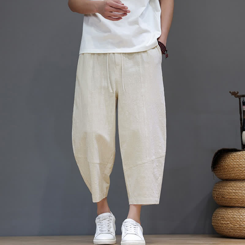 Buddha Stones Pantaloni capri da uomo in cotone e lino, casual, minimalisti, con coulisse, per primavera/estate, modello harem con tasca. - image 30
