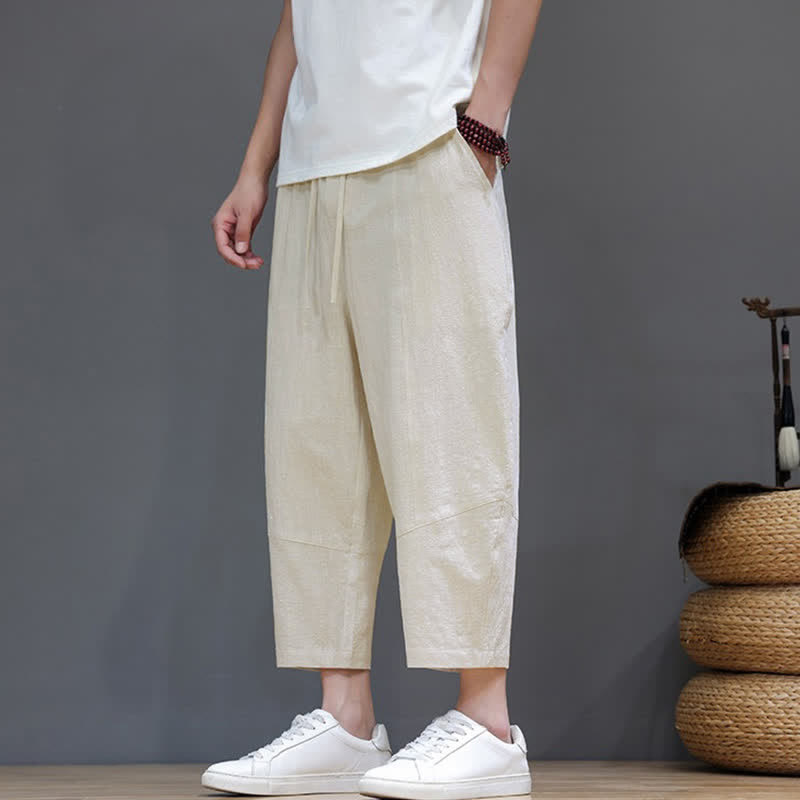 Buddha Stones Pantaloni capri da uomo in cotone e lino, casual, minimalisti, con coulisse, per primavera/estate, modello harem con tasca. - image 27
